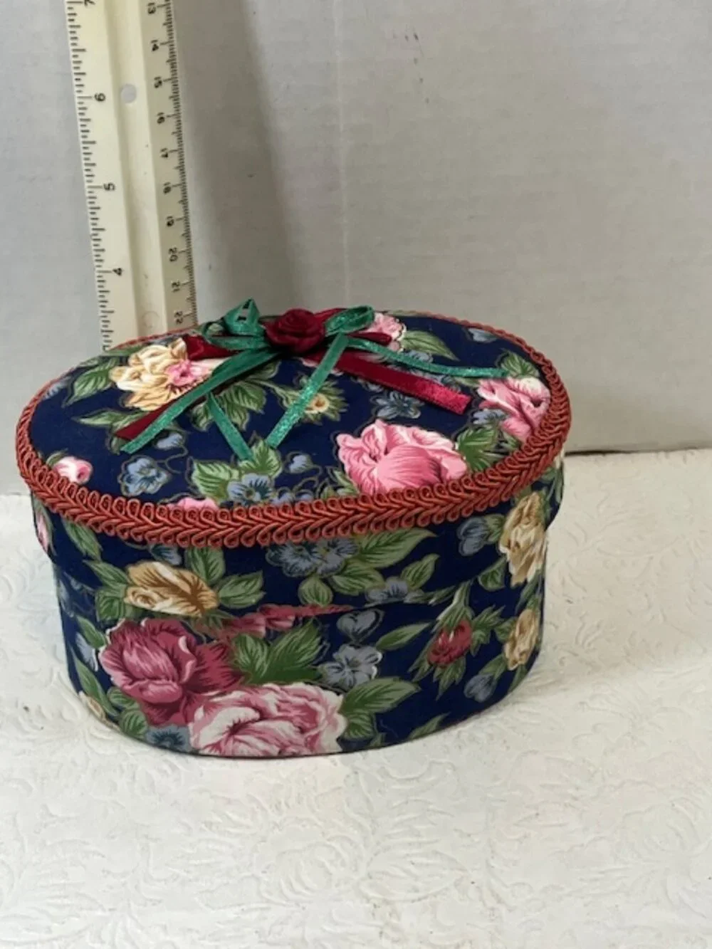 VTG Oval 2-Piece Floral Padded Fabric-Covered Storage Trinket Sewing JewelryBox